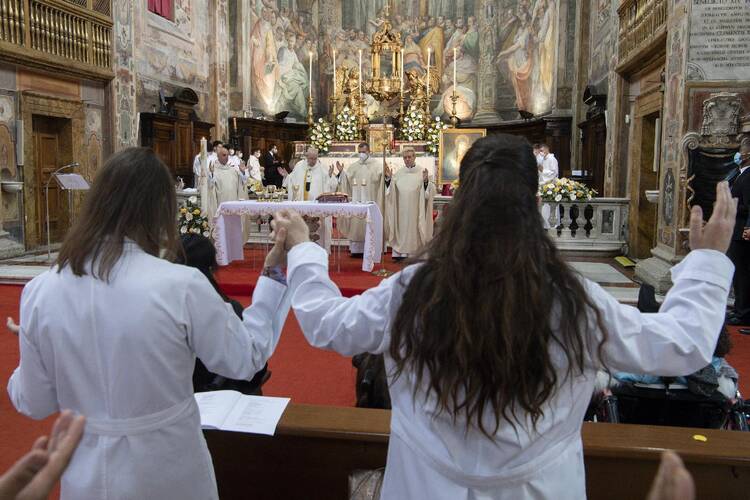 Pope Francis celebrates Mass for Divine Mercy Sunday at the Church of the Holy Spirit near the Vatican in Rome April 11, 2021. (CNS photo/Vatican Media)