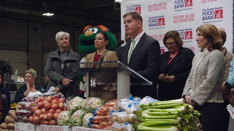 Frederick Wiseman’s latest film, “City Hall,” is a portrait of the city of Boston. Mayor Marty Walsh appears here at the Greater Boston Food Bank (Zipporah Films). 