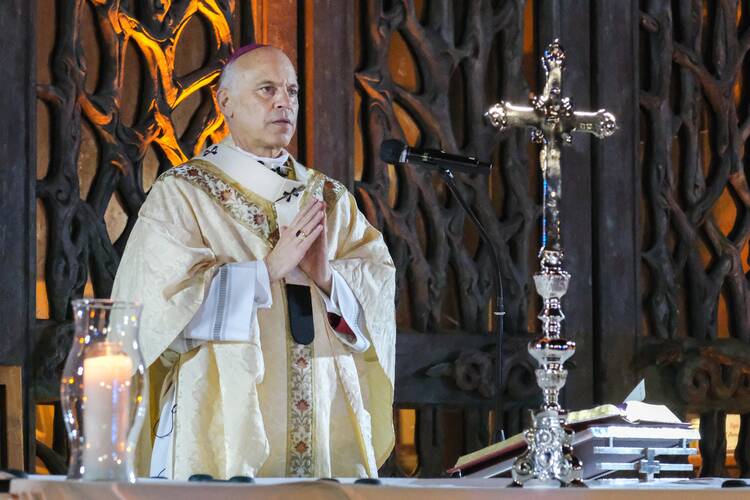 San Francisco Archbishop Salvatore J. Cordileone is pictured in a file photo celebrating Mass outside the Cathedral of St. Mary of the Assumption as part of a rosary rally. (CNS photo/Dennis Callahan, Archdiocese of San Francisco)