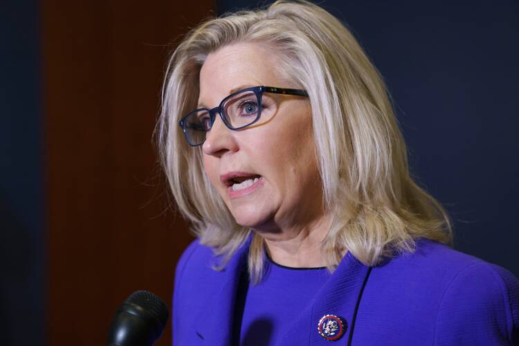 Rep. Liz Cheney, R-Wyo., speaks to reporters after House Republicans voted to oust her from her leadership post on May 12. In a speech before the vote, Ms. Cheney reportedly championed the importance of being a “party based on truth.” (AP Photo/J. Scott Applewhite)