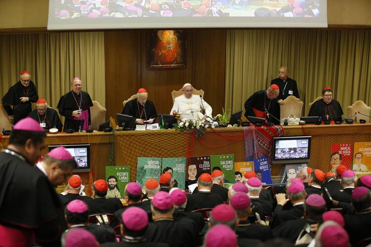 Pope Francis attends the final session of the Synod of Bishops for the Amazon at the Vatican in this Oct. 26, 2019, file photo. (CNS photo/Paul Haring)