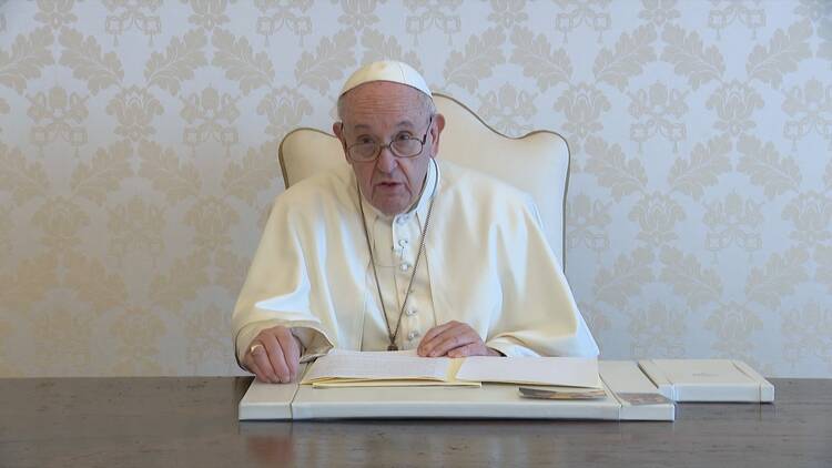 Pope Francis delivers a message to an online prayer service marking the 500th anniversary of the conversion of St. Ignatius of Loyola, in this still image taken from video released by the Vatican May 23, 2021. The pope said God's plans for individuals are greater than the plans they have for themselves. (CNS photo/Vatican Media)