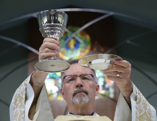 A priest raises the chalice and Communion host in this illustration. (CNS photo/Bob Roller)