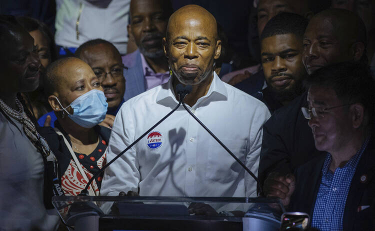 Democratic mayoral candidate Eric Adams speaks at his primary election night party on June 22 in New York. Mr. Adams resisted the ”defund the police” movement and instead called for reform measures mostly having to do with bolstering accountability. (AP Photo/Kevin Hagen).