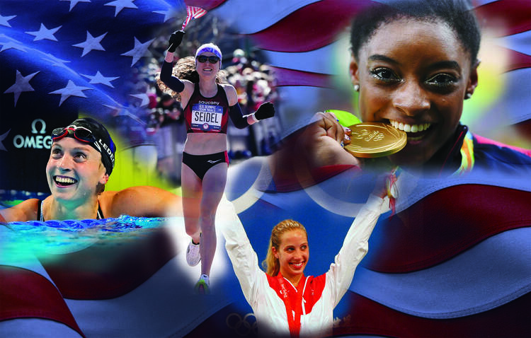 From left: Swimmer Katie Ledecky (Rob Schumacher, USA TODAY Sports via Reuters); long-distance runner Molly Seidel (Kirby Lee-USA TODAY Sports via Reuters); Mariel Zagunis (Alessandro Bianchi, Reuters) and gymnast Simone Biles (Dylan Martinez, Reuters). Illustration by America staff.