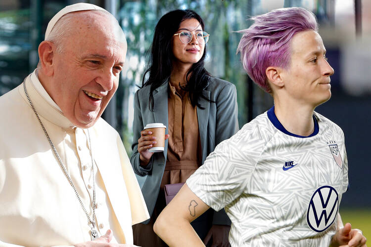 Pope Francis has said that women should have the same rights as men in the workforce. Soccer player Megan Rapinoe, right, has testified in front of Congress for equal pay for women (photo: CNS/AP/America).