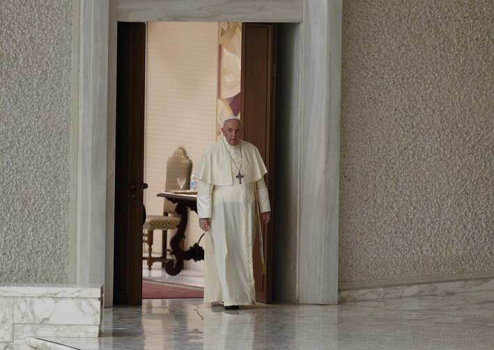 Pope Francis arrives for his general audience in the Paul VI hall at the Vatican Aug. 25, 2021. (CNS photo/Paul Haring)