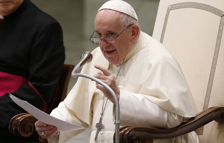 Pope Francis speaks during his general audience in the Paul VI hall at the Vatican Sept. 1, 2021.