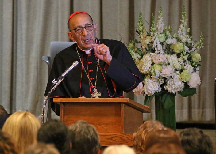 Cardinal Juan José Omella, president of the Spanish Episcopal Conference, at a wooden lectern in 2018.