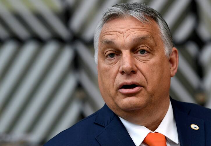 Hungarian Prime Minister Viktor Orbán addresses the media as he arrives on the first day of the European Union summit in Brussels, Belgium, June 24, 2021. Pope Francis is scheduled to meet with Orbán Sept. 12 after celebrating the final Mass of the International Eucharistic Congress. (CNS photo/John Thys, Reuters pool)