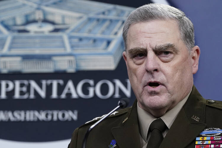In this Sept. 1, 2021, file photo Chairman of the Joint Chiefs of Staff Gen. Mark Milley speaks during a briefing with Secretary of Defense Lloyd Austin at the Pentagon in Washington. (AP Photo/Susan Walsh, File)