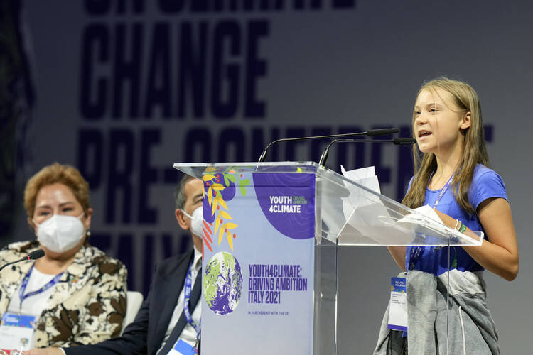 Swedish climate activist Greta Thunberg speaks during a three-day Youth for Climate summit in Milan, Italy, Tuesday, Sept. 28, 2021.