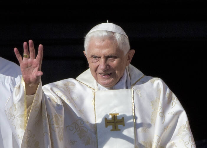 Pope Emeritus Benedict XVI as he arrives in St. Peter's Square at the Vatican on Oct. 19, 2014.