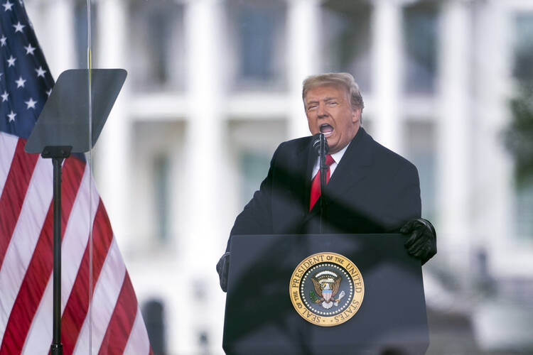 Donald Trump brought deception to a new level, in part through his ability to communicate directly with millions of Americans by way of social media. In this photo, then-President Trump speaks during a rally protesting the Electoral College certification of Joe Biden as president in Washington, D.C., on Jan 6, 2021. (AP Photo/Evan Vucci, File)