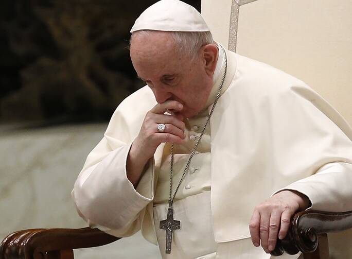 Pope Francis is pictured during his general audience in the Paul VI hall at the Vatican Sept. 8, 2021. (CNS photo/Paul Haring)