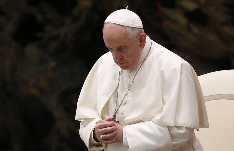 Pope Francis is pictured during his general audience in the Paul VI hall at the Vatican Oct. 27, 2021. (CNS photo/Paul Haring)