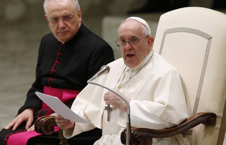 Pope Francis delivers his talk during his general audience in the Paul VI hall at the Vatican Nov. 3, 2021.