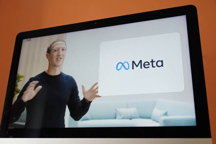 Facebook CEO Mark Zuckerberg announces his company’s new name, Meta, and its new virtual reality "metaverse" during a virtual event on Oct. 28, 2021. (AP Photo/Eric Risberg)