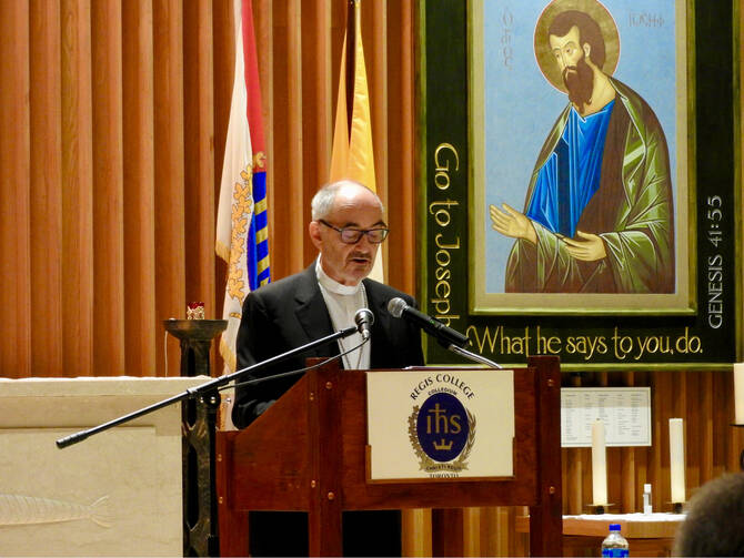 Cardinal Michael Czerny, S.J., delivering the Chancellor’s Lecture at Regis College in Toronto.