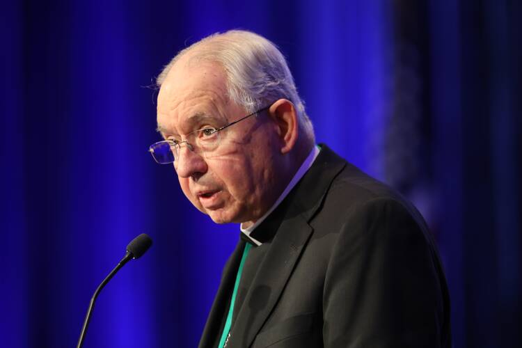 Archbishop José H. Gomez of Los Angeles, president of the U.S. Conference of Catholic Bishops, is seen here at the bishops' fall general assembly in Baltimore on Nov. 16, 2021. (CNS photo/Bob Roller)