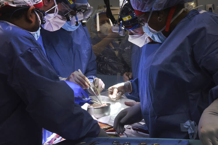 In this photo provided by the University of Maryland School of Medicine, members of the surgical team perform the transplant of a pig heart into patient David Bennett in Baltimore on Friday, Jan. 7, 2022. (Mark Teske/University of Maryland School of Medicine via AP)