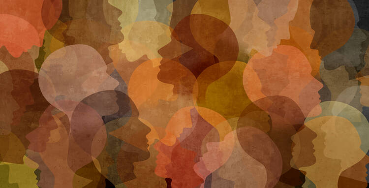 An abstract illustration of overlapping brown, yellow and orange profiles of human heads.