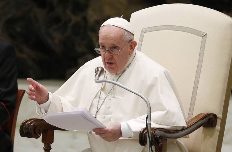 Pope Francis speaks during his general audience in the Paul VI hall at the Vatican Jan. 26, 2022.