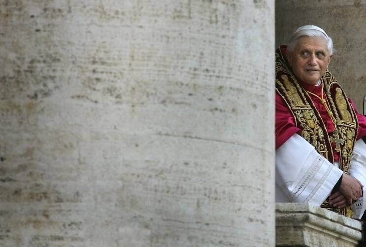 Newly elected Pope Benedict XVI greets thousands of pilgrims from the balcony of St. Peter's Basilica after his election as pope at the Vatican in this April 19, 2005, file photo. (CNS photo/Kai Pfaffenbach, Reuters)