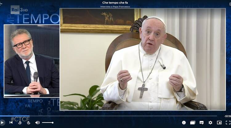 Pope Francis is pictured during an interview with Fabio Fazio on the popular Italian talk show, "Che Tempo Che Fa," in this screen capture from the Feb. 6, 2022, program televised by the Italian national broadcaster, RAI.