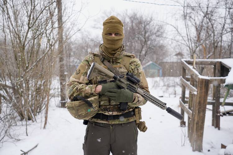A Ukrainian sniper on the front line in the Luhansk region, eastern Ukraine, on Jan. 28, 2022. (AP Photo/Vadim Ghirda)