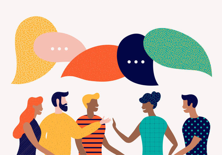 Flat illustration of people talking together with colorful speech bubbles above their heads.