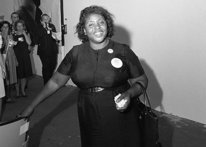 Fannie Lou Hamer, a member of the Mississippi Freedom Democratic Party, enters the 1964 National Democratic Convention in Atlantic City, N.J.