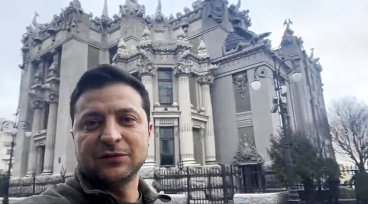 Ukrainian President Volodymyr Zelenskyy (seen here speaking to his nation via smartphone) has emerged as a worldwide hero for democracy, but there are indications that the vitality of our democracy has diminished in the United States. (Ukrainian Presidential Press Office via AP)