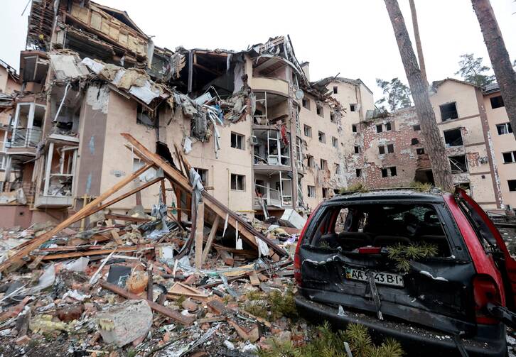 A residential building destroyed by recent shelling, as Russia’s invasion of Ukraine continues in the city of Irpin in the Kyiv region, March 2, 2022.