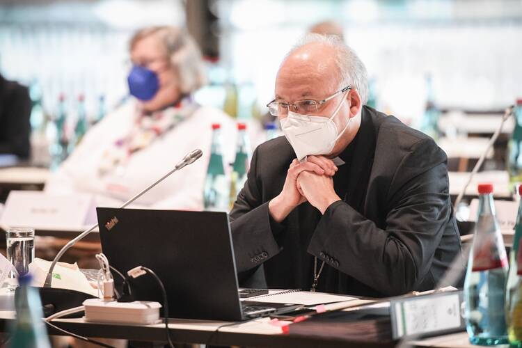 German Bishop Rudolf Voderholzer of Regensburg attends the third Synodal Assembly in Frankfurt Feb. 3, 2021. (CNS photo/Julia Steinbrecht, KNA)