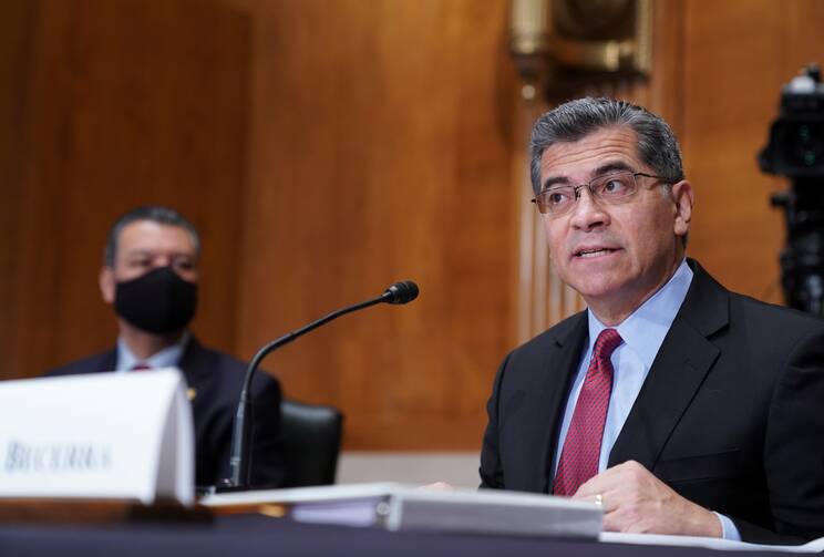 Xavier Becerra, President Joe Biden's nominee for secretary of Health and Human Services, testifies during his confirmation hearing on Capitol Hill in Washington Feb. 23, 2021.