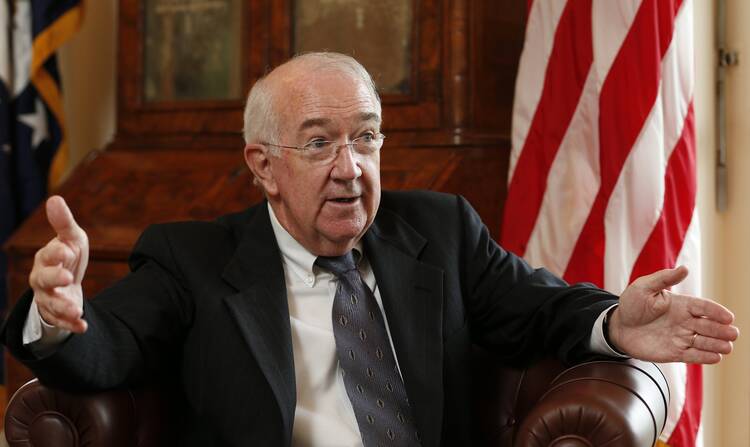 File photo: Ken Hackett, new U.S. ambassador to the Holy See, speaks during an interview with Catholic News Service at the U.S. Embassy to the Holy See in Rome Oct. 24, 2013.