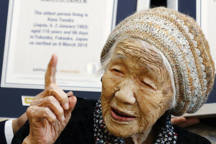 Kane Tanaka, then 116 years old, at a nursing home in Fukuoka, Japan, on March 9, 2019. (Takuto Kaneko/Kyodo News via AP, File)