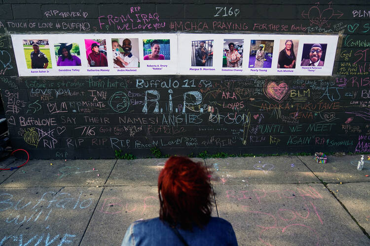 A makeshift memorial near the scene of Saturday's shooting at a supermarket, in Buffalo, on May 19, 2022, six days before the second anniversary of George Floyd's killing. (AP Photo/Matt Rourke, File)