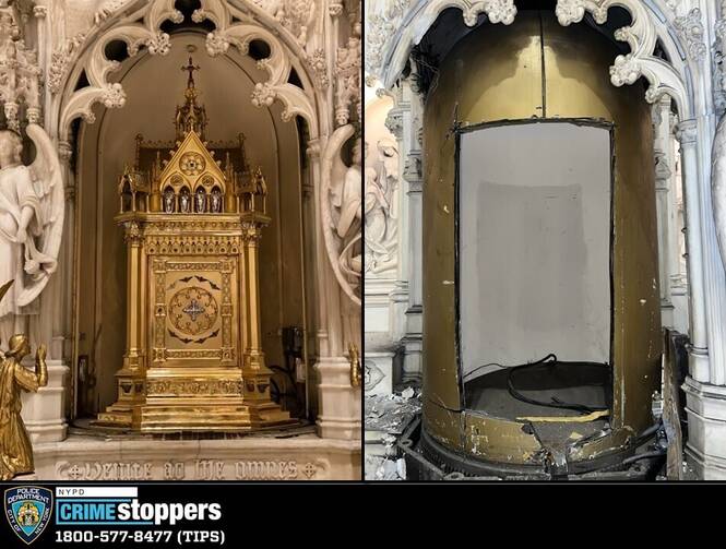 This image provided by the New York City Police Department shows a missing tabernacle and damaged angel statue in St. Augustine's Roman Catholic Church in Brooklyn’s Park Slope neighborhood in New York.