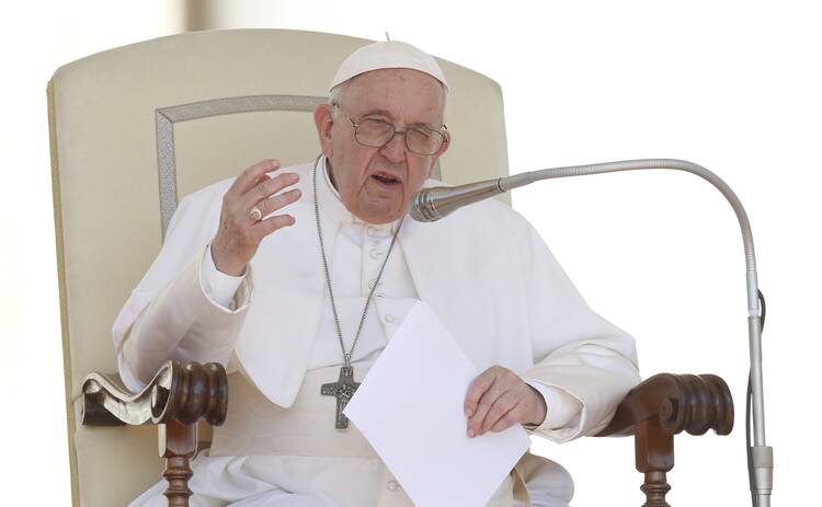 Pope Francis speaks during his general audience in St. Peter’s Square at the Vatican June 1, 2022.