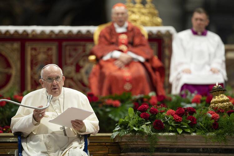 Pope Francis gives the homily as he participates in Mass for the feast of Pentecost in St. Peter's Basilica at the Vatican June 5, 2022. The Mass was celebrated by Cardinal Giovanni Battista Re, who has substituted as the main celebrant on a few occasions when the pope has had health problems. (CNS photo/Vatican Media)