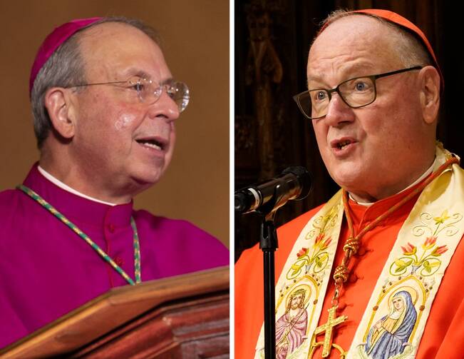 Baltimore Archbishop William E. Lori (left) and New York Cardinal Timothy M. Dolan (right).