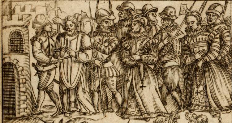 An engraving by Stephen Verstegan (c. 1581)  showing the arrest of a priest and several women who had sheltered him. (By permission of the Governors of Stonyhurst College. Copyright Stonyhurst College).