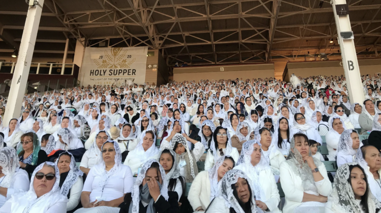 Women fill a section of stands at the Fairplex fairgrounds on Feb. 14, 2020, during the third and final day of La Luz del Mundo’s Holy Supper ceremony in Pomona, California. RNS photo by Alejandra Molina