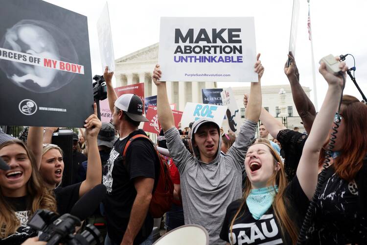 Pro-life demonstrators in Washington celebrate outside the Supreme Court June 24, 2022, as the court overruled the landmark Roe v. Wade abortion decision. (CNS photo/Evelyn Hockstein, Reuters)