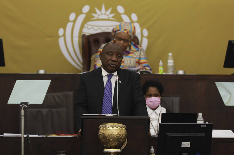 South African President Cyril Ramaphosa addresses parliament in Cape Town, South Africa, on June 9, 2022. Ramaphosa could face criminal charges and is already facing calls to step down over claims that he tried to cover up the theft of millions of dollars in U.S. currency that was hidden inside furniture at his game farm. (AP Photo/Nardus Engelbrecht, File)