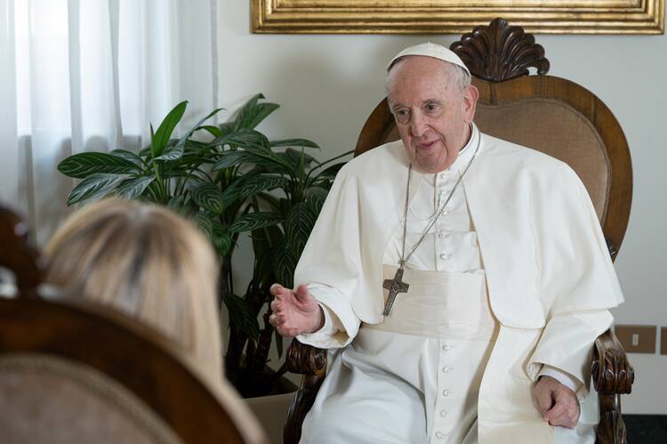 Pope Francis answers questions posed by Bernarda Llorente, the president of Télam, the Argentine news agency, during an interview June 20, 2022, in the Domus Sanctae Marthae where the pope lives. The interview was released July 1. (CNS photo/Vatican Media)