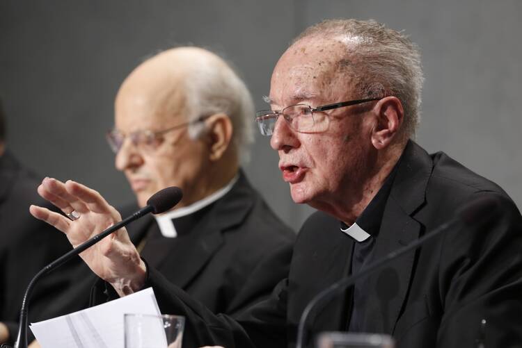 Brazilian Cardinal Claudio Hummes, General Rapporteur for the Synod of Bishops for the Pan-Amazon region, speaks during a press conference announcing a Synod of Bishops for the Pan-Amazon region at the Vatican, Oct. 3, 2019. Hummes died on Monday, June 4, 2022 at age 88. (AP Photo/Domenico Stinellis, File)