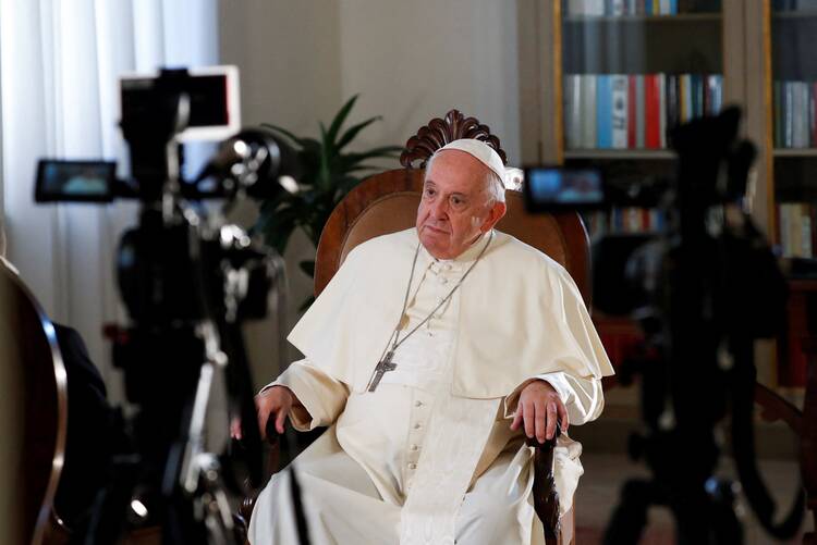 Pope Francis looks on during an exclusive interview with Reuters at the Vatican July 2, 2022. (CNS photo/Remo Casilli, Reuters)